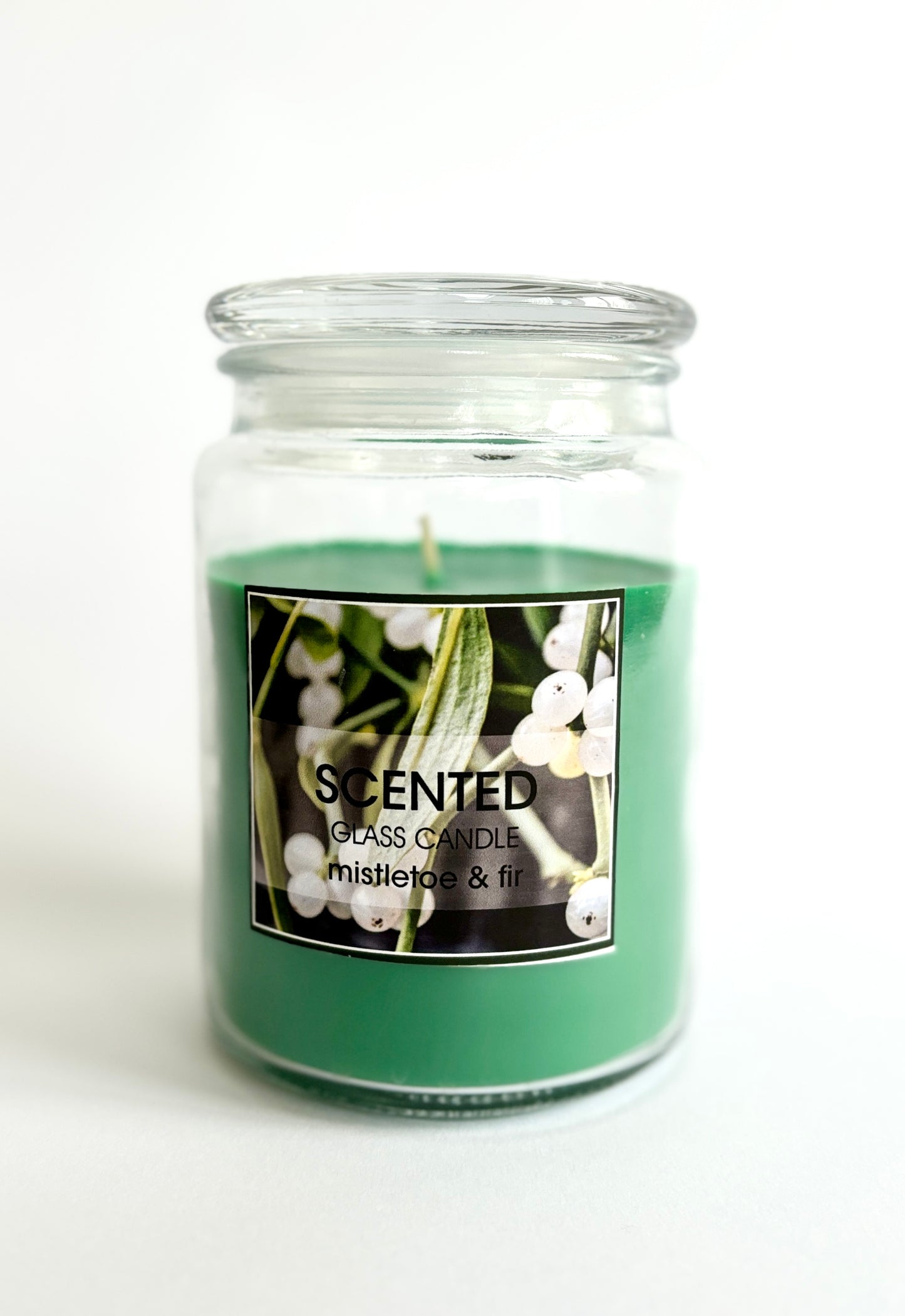 Geurkaars (Mistletoe en vijg) in glazen pot met deksel.